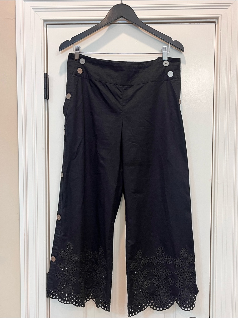Elevenses Black Wide-Leg Eyelet Hem Button-Trim Pants